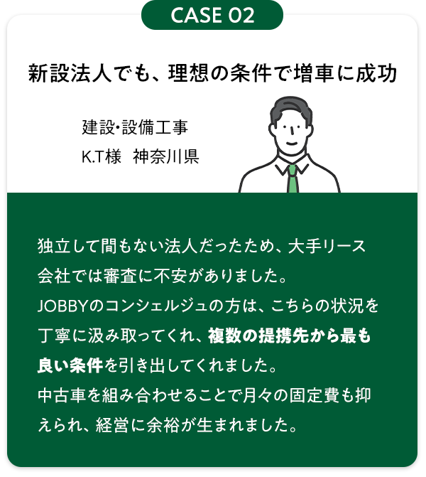 お客様の声2：新設法人でも、理想の条件で増車に成功
